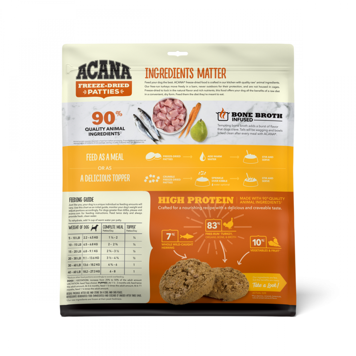 ACANA Freeze Dried Dog Food & Topper, Grain Free, High Protein,  Fresh & Raw Animal Ingredients, Free-Run Turkey Recipe, Patties