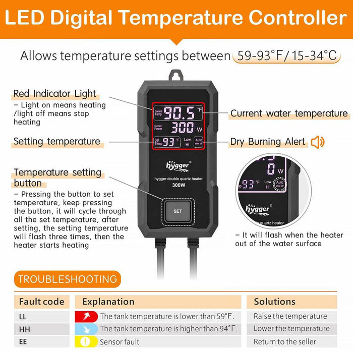 Hygger Submersible Quartz Aquarium Heater with Digital LED Controller - 1000 Watts