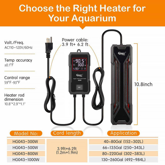 Hygger Submersible Quartz Aquarium Heater with Digital LED Controller - 1000 Watts