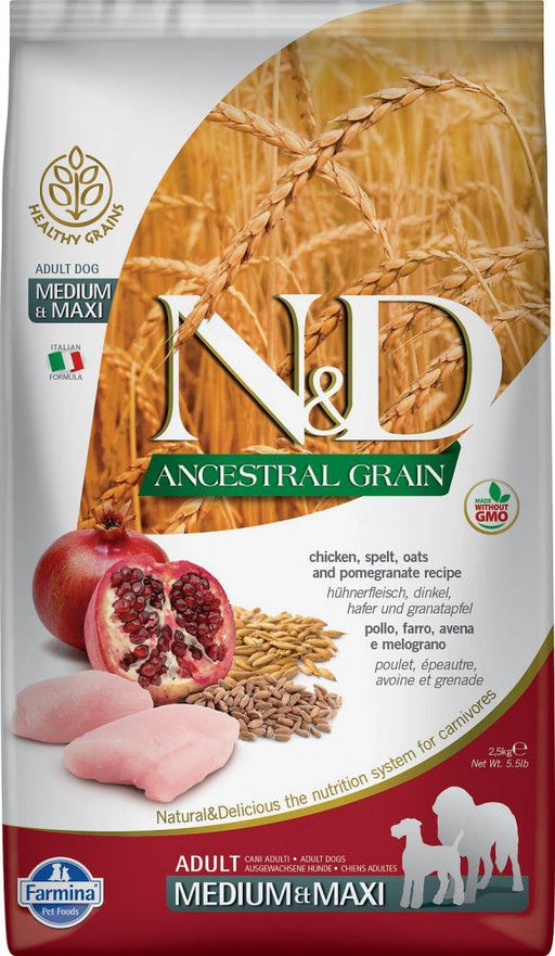 Farmina N&D Natural and Delicious Ancestral Grain Medium & Maxi Chicken & Pomegranate Adult Dry Dog Food - 8010276036247