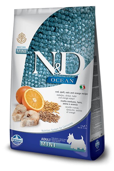 Farmina Ocean N&D Natural & Delicious Ancestral Grain Mini Adult Cod, Spelt, Oats & Orange Dry Dog Food - 8010276036599