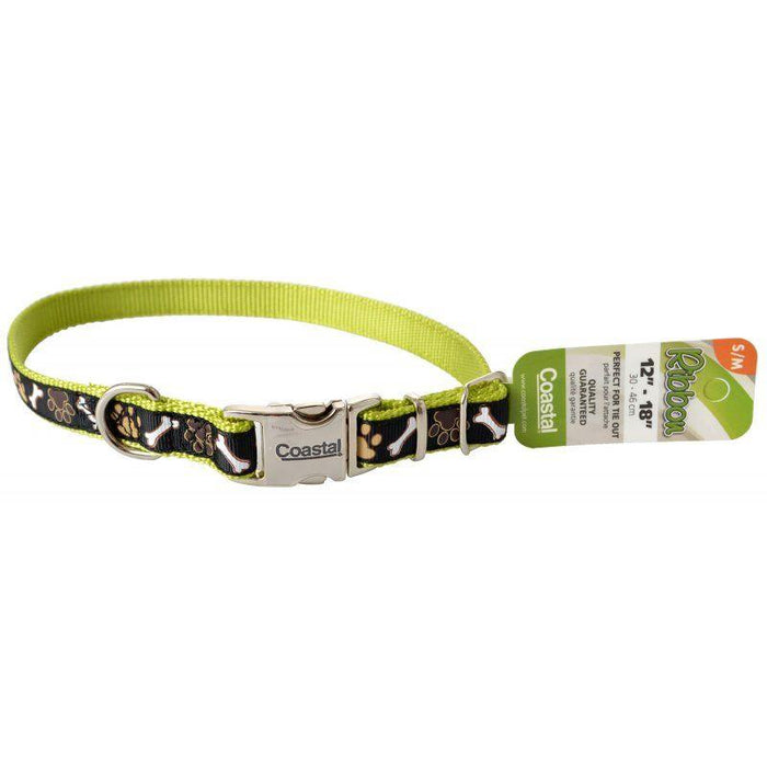 Pet Attire Ribbon Brown Paws & Bones Adjustable Nylon Dog Collar with Metal Buckle - 076484147111