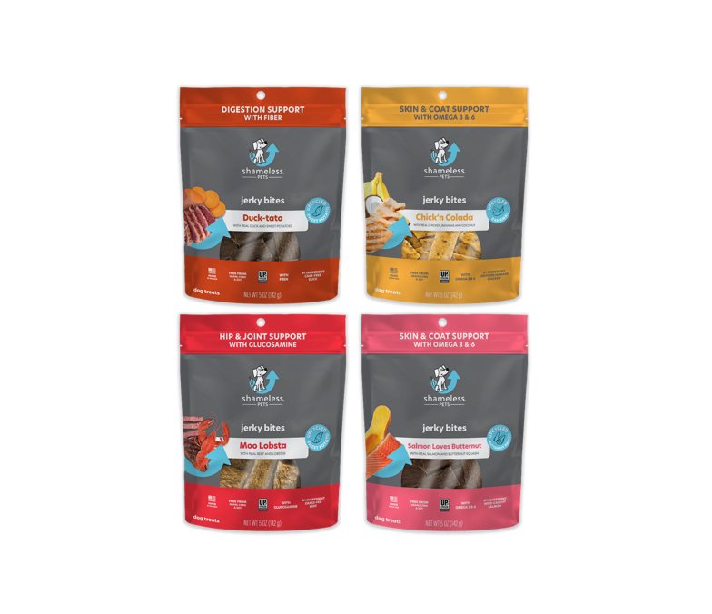 Shameless Pets Jerky Bites Dog Treats, Variety Pack - 4 Count (5oz Each) -